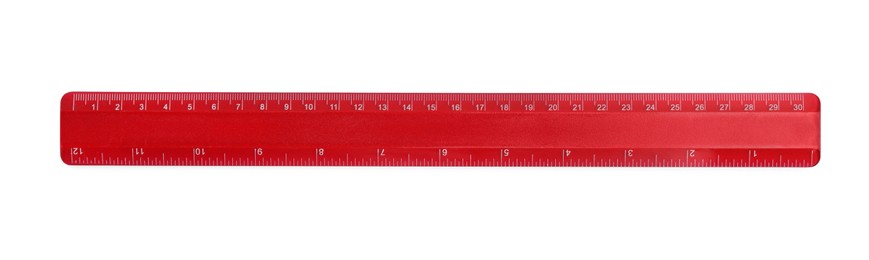 Ruler with measuring length markings in centimeters isolated on white, top view