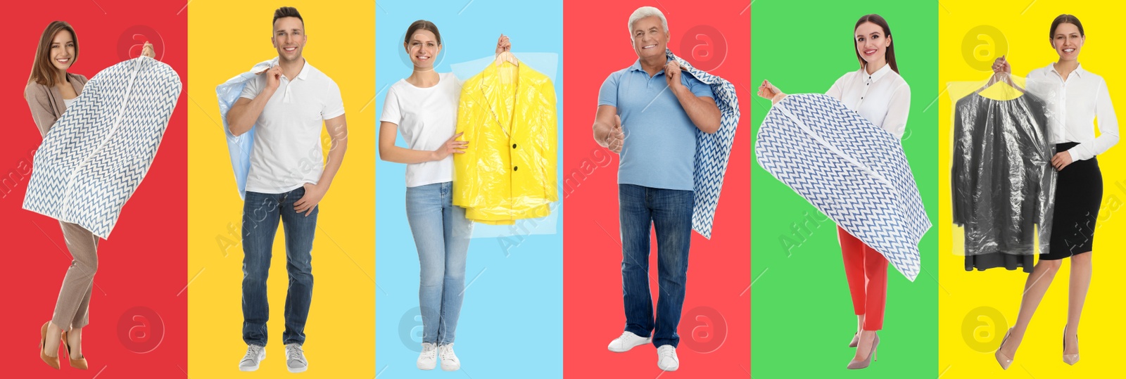 Image of Collage with photos of people holding clothes on different color backgrounds, banner design. Dry-cleaning service