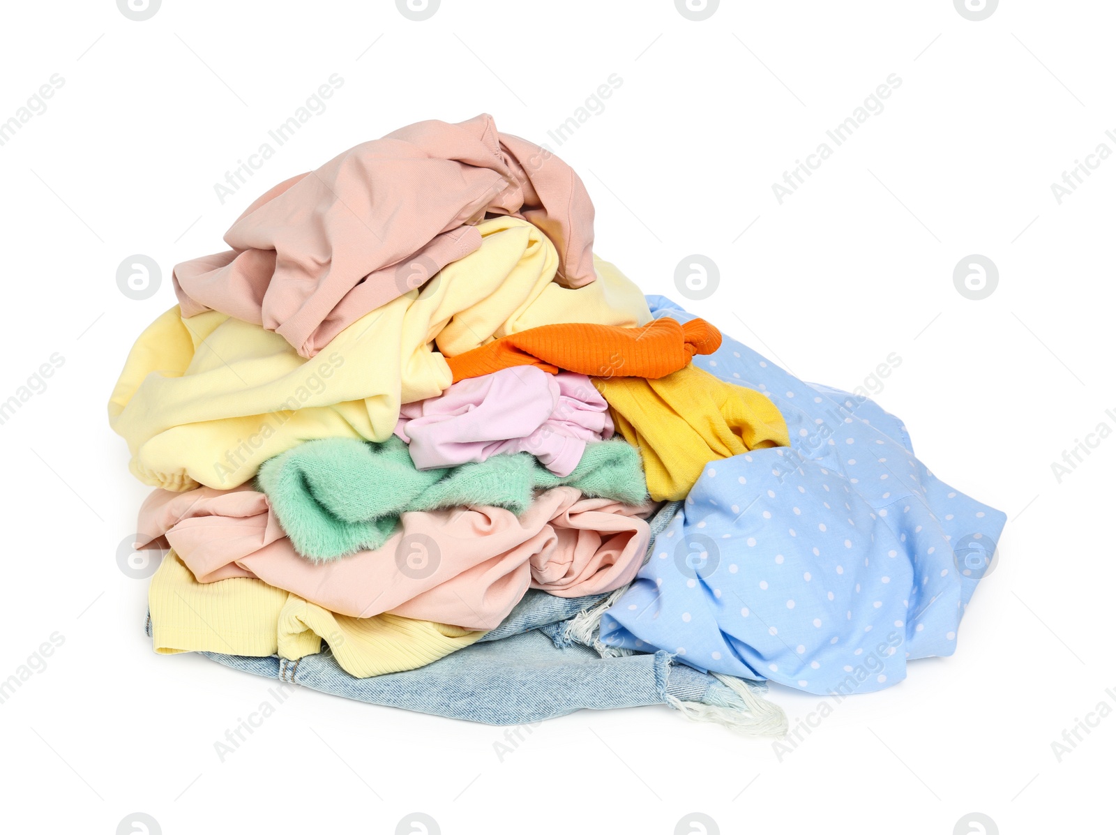 Photo of Pile of colorful clothes isolated on white