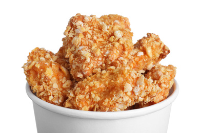 Photo of Bucket with yummy fried nuggets on white background, closeup