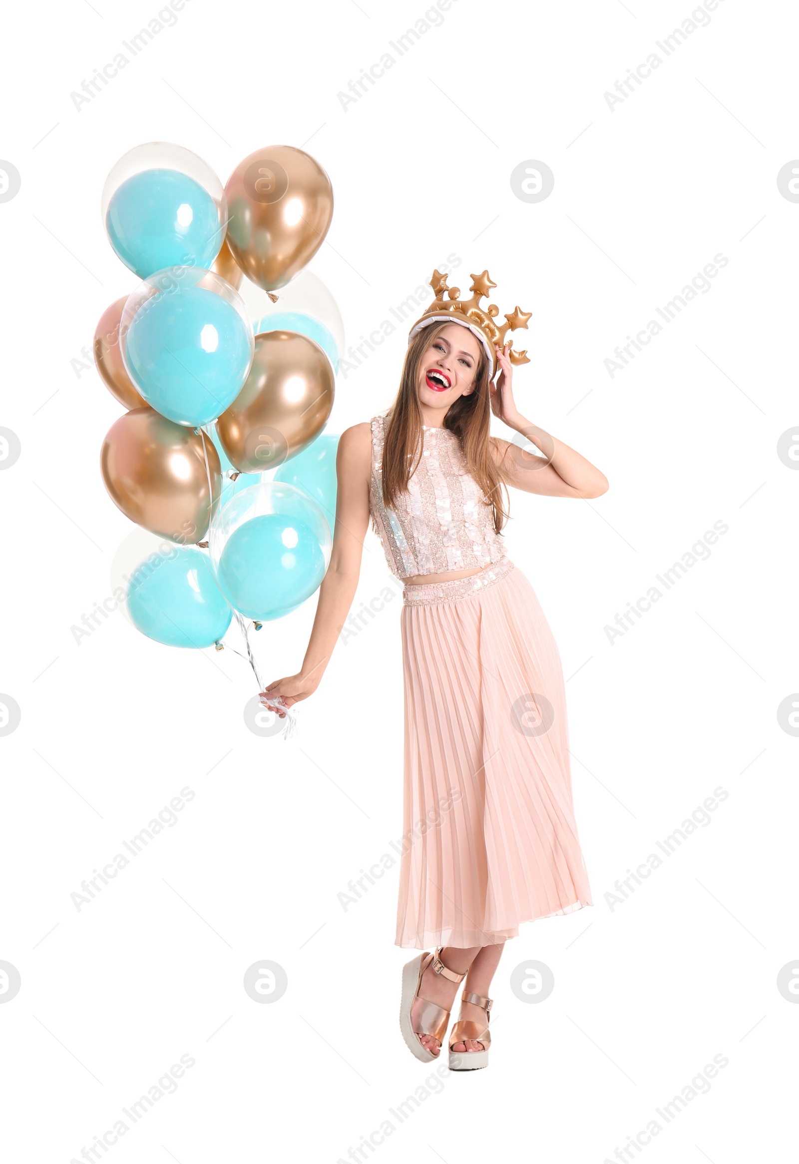 Photo of Young woman with crown and air balloons on white background