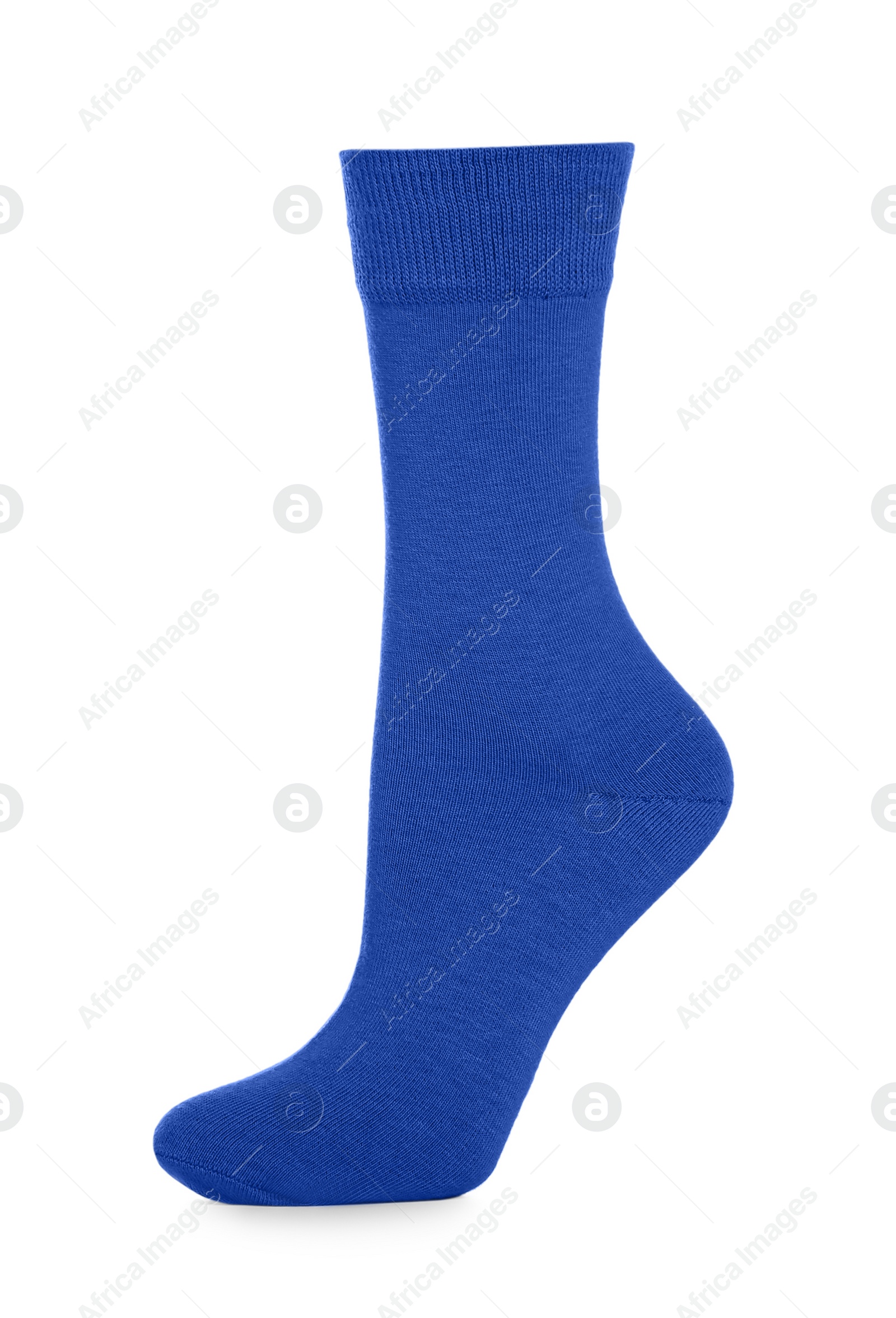 Photo of Blue sock isolated on white. Footwear accessory