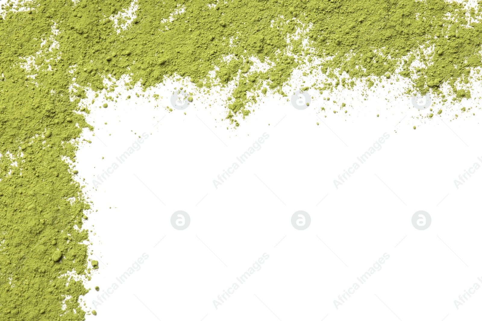 Photo of Powdered matcha green tea isolated on white, top view