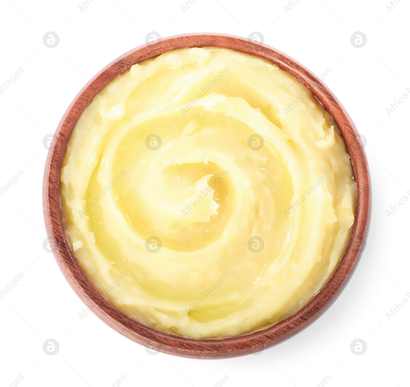 Photo of Bowl of tasty mashed potato isolated on white, top view