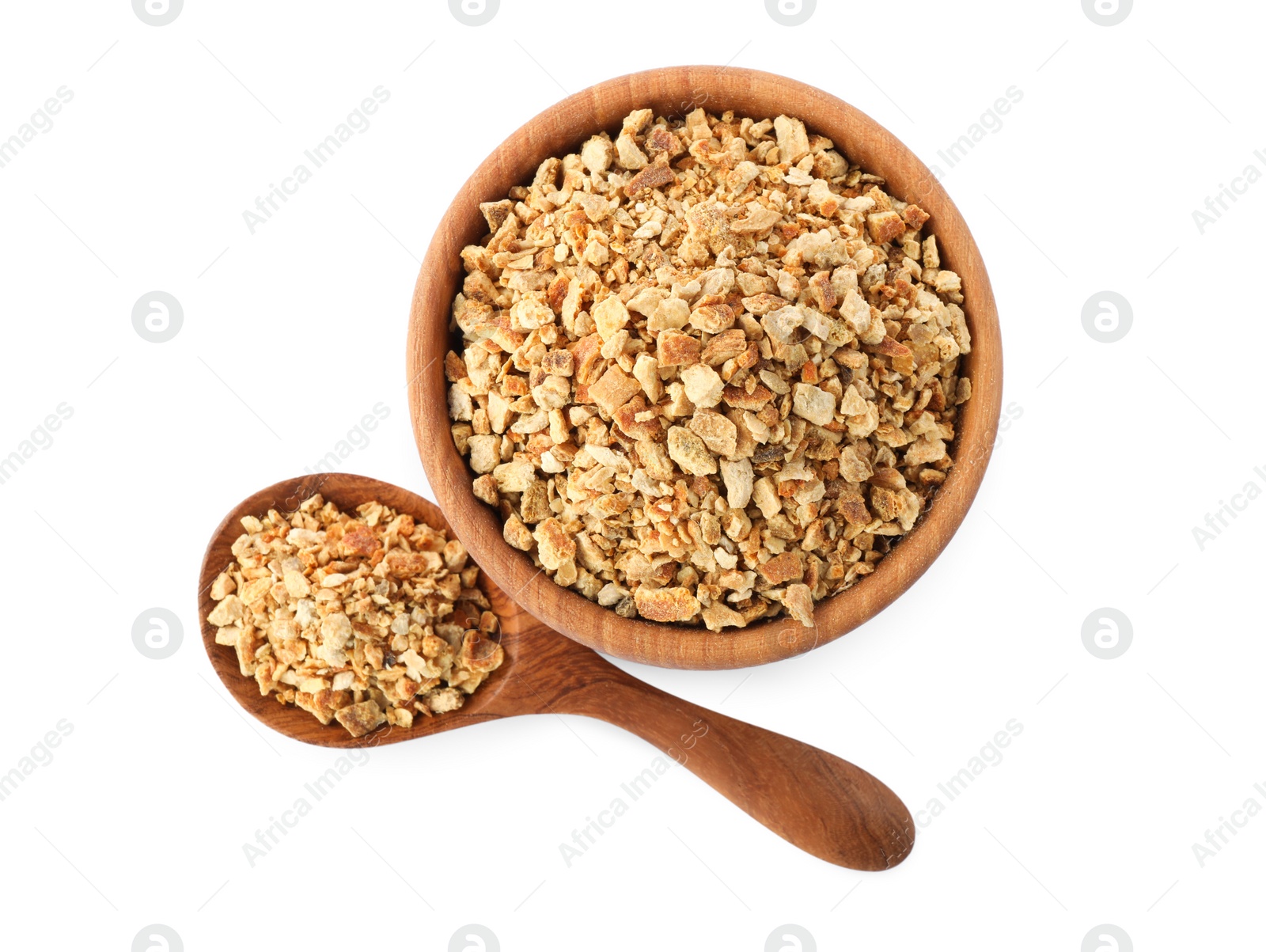 Photo of Bowl and spoon with dried orange zest seasoning isolated on white, top view