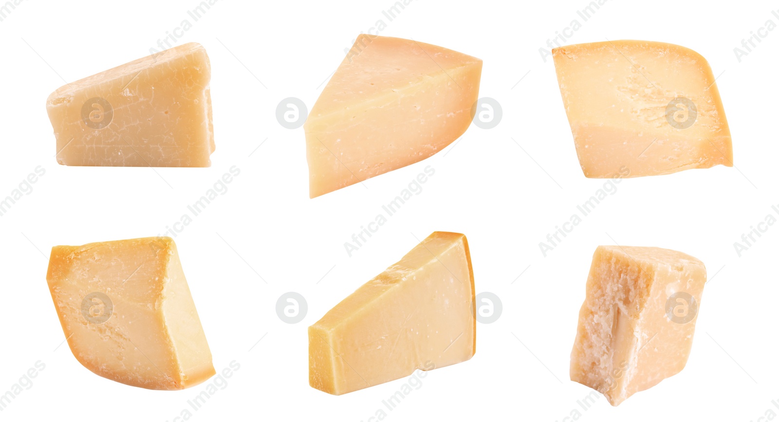 Image of Set with pieces of delicious parmesan cheese on white background 