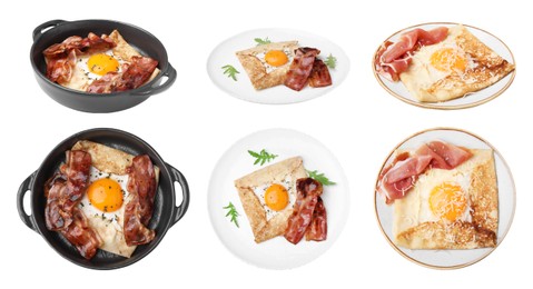 Image of Set with delicious crepes with eggs on white background. Breton galette. Banner design