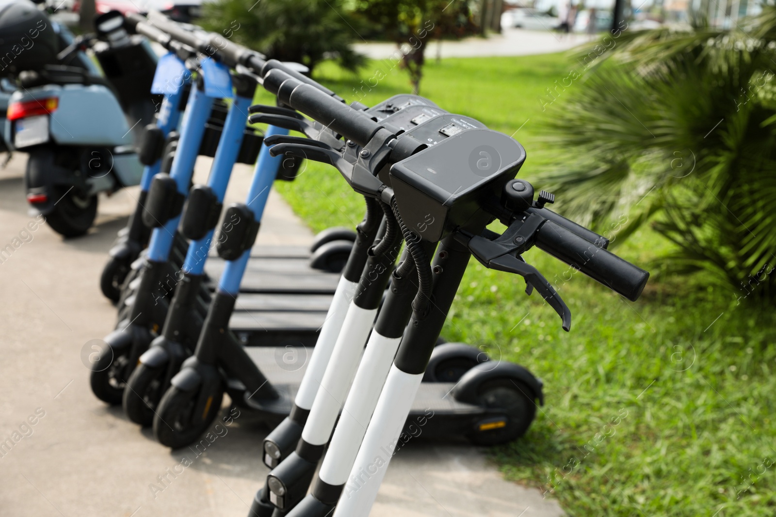 Photo of Modern electric scooters outdoors, closeup. Rental service