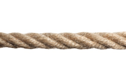 Photo of Strong nautical cotton rope on white background