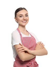 Beautiful young woman in clean striped apron on white background