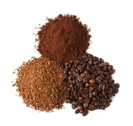 Photo of Beans, instant and ground coffee on white background, top view