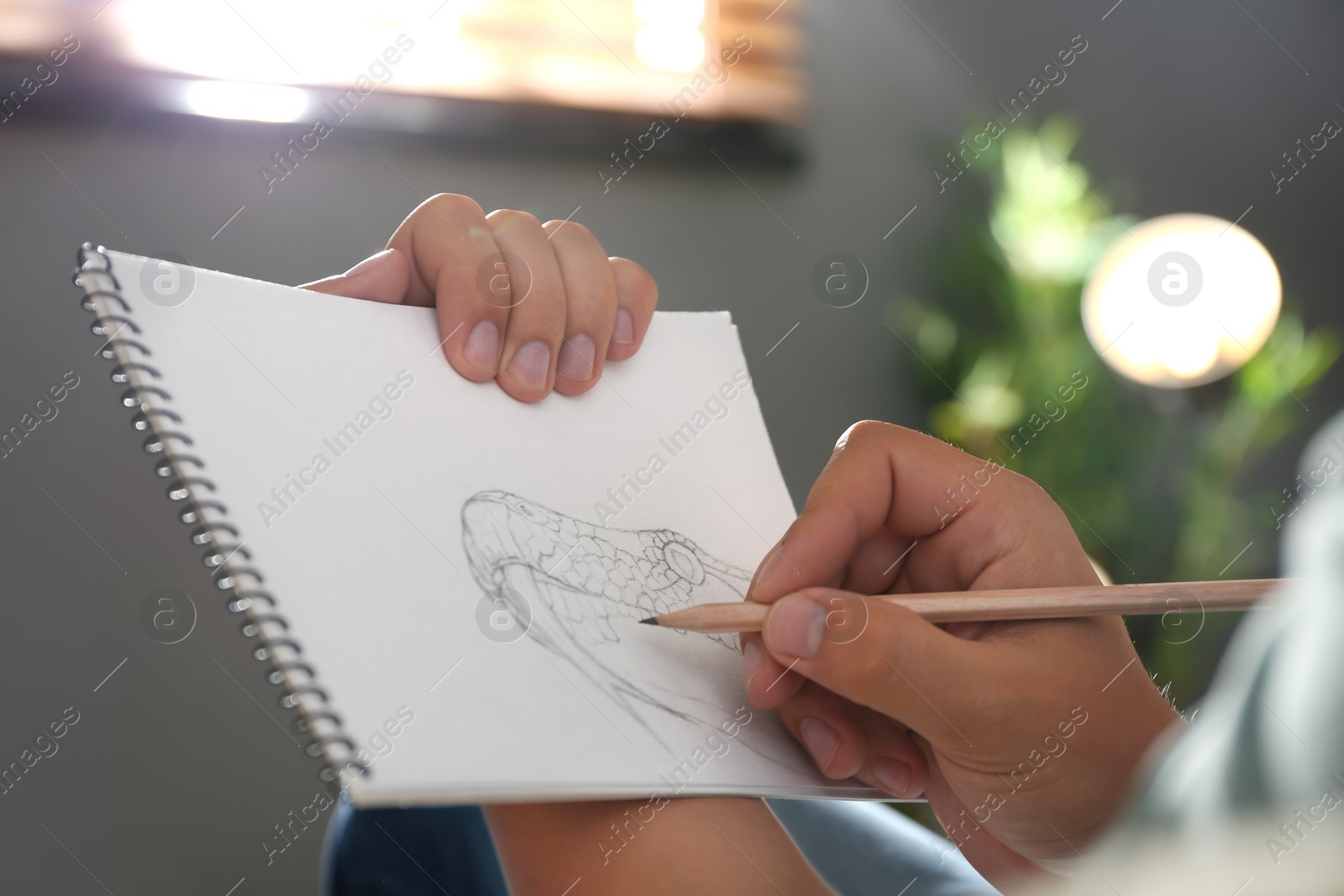 Photo of Man drawing snake with pencil in notepad indoors, closeup