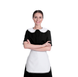 Young chambermaid in uniform on white background