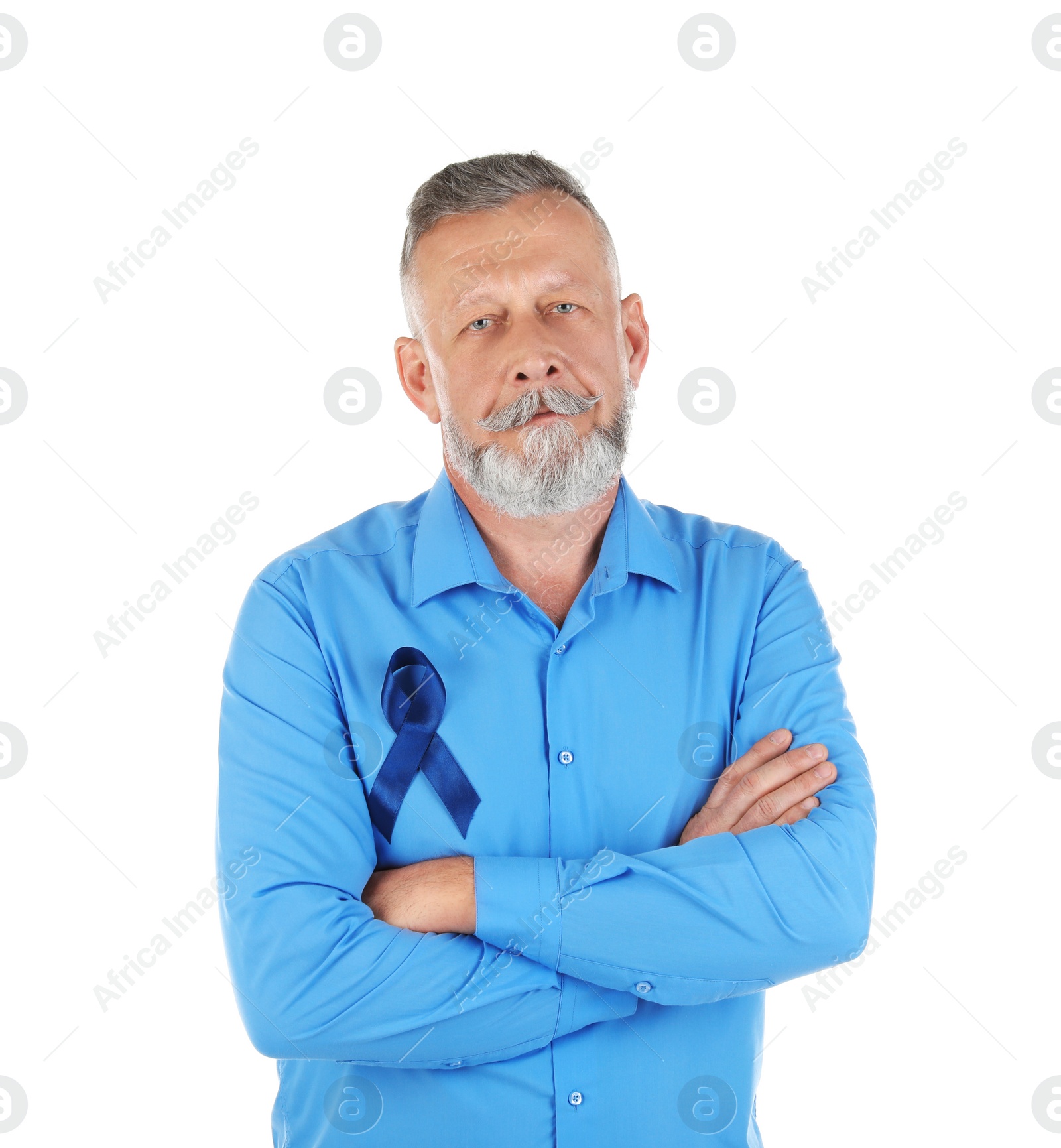 Photo of Mature man with blue ribbon on white background. Urological cancer awareness