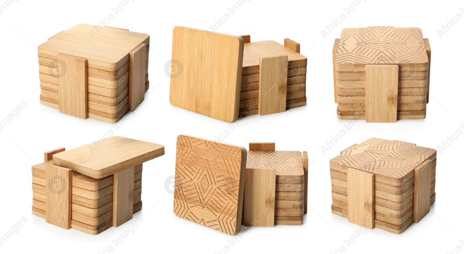 Image of Set with stylish wooden cup coasters on white background 