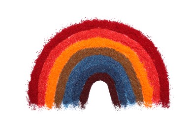 Photo of Rainbow made of different food coloring on white background, top view