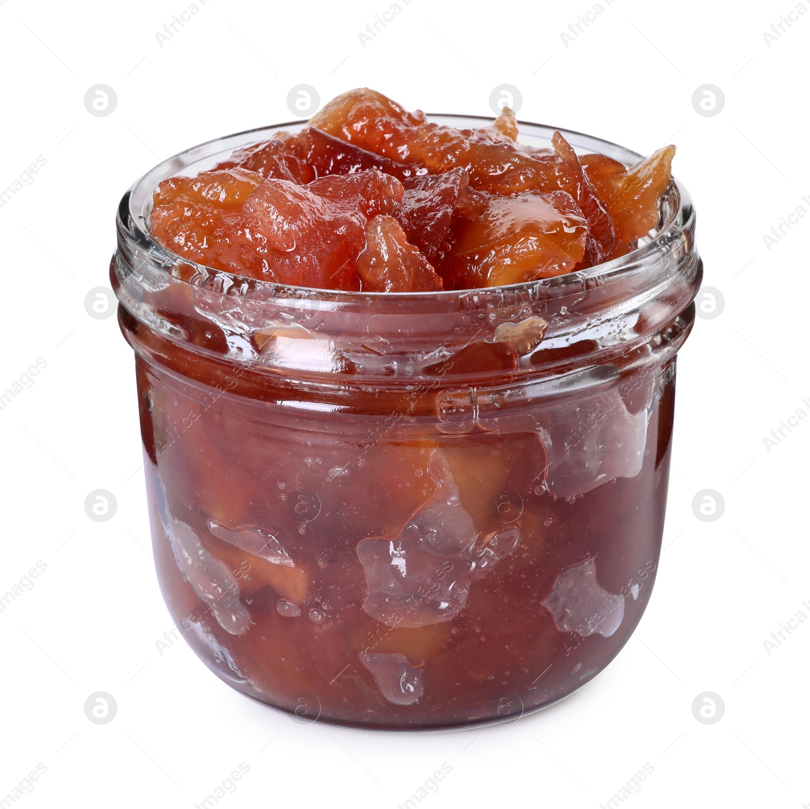 Photo of Glass jar of delicious apple jam isolated on white