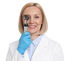Photo of Happy dermatologist using dermatoscope on white background