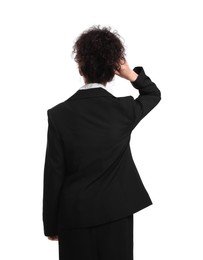 Businesswoman in suit on white background, back view