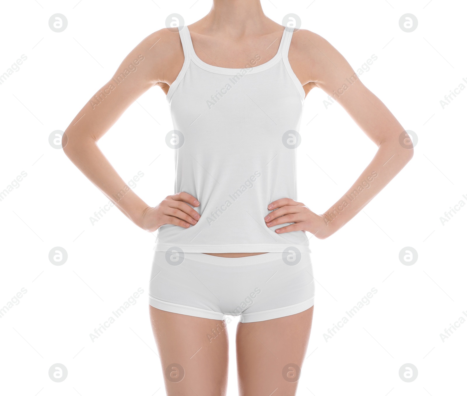 Photo of Young slim woman on white background, closeup. Weight loss