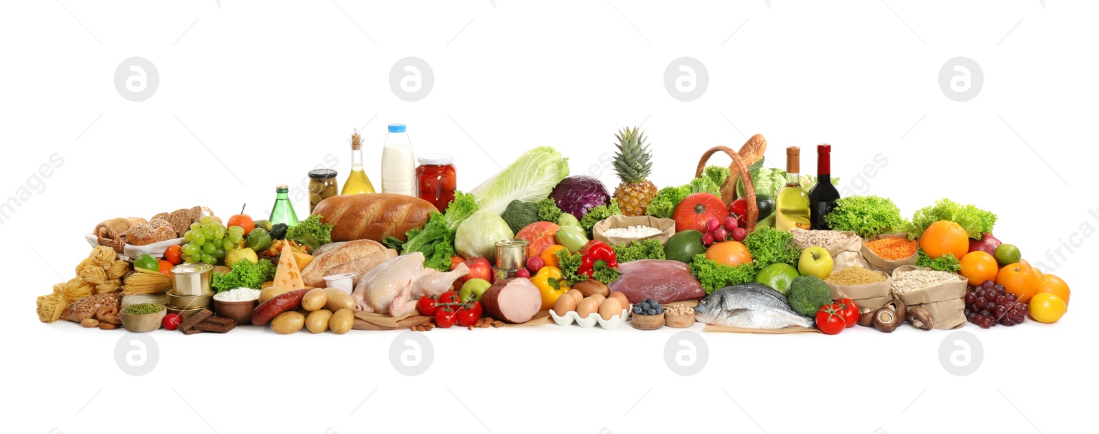 Photo of Different products on white background. Healthy food and balanced diet