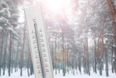 Image of Thermometer showing temperature below zero outdoors on winter day