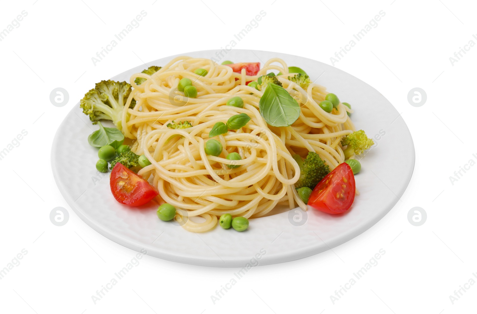 Photo of Plate of delicious pasta primavera isolated on white