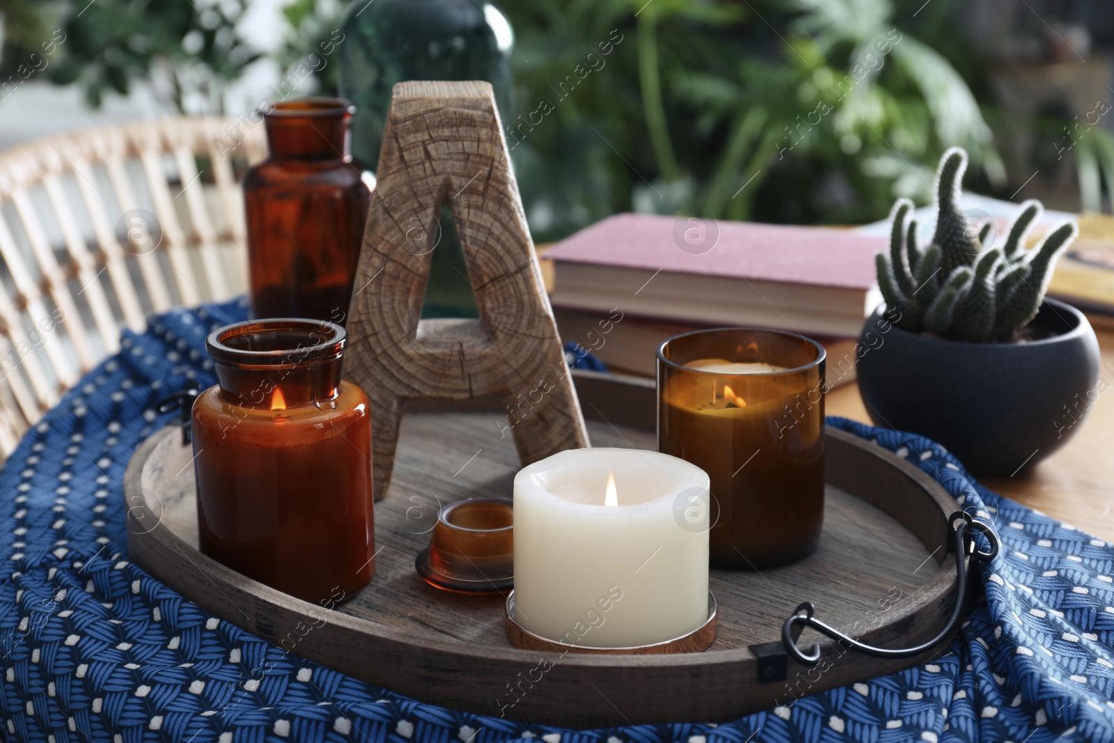 Photo of Wooden tray with decorations and houseplant on table indoors