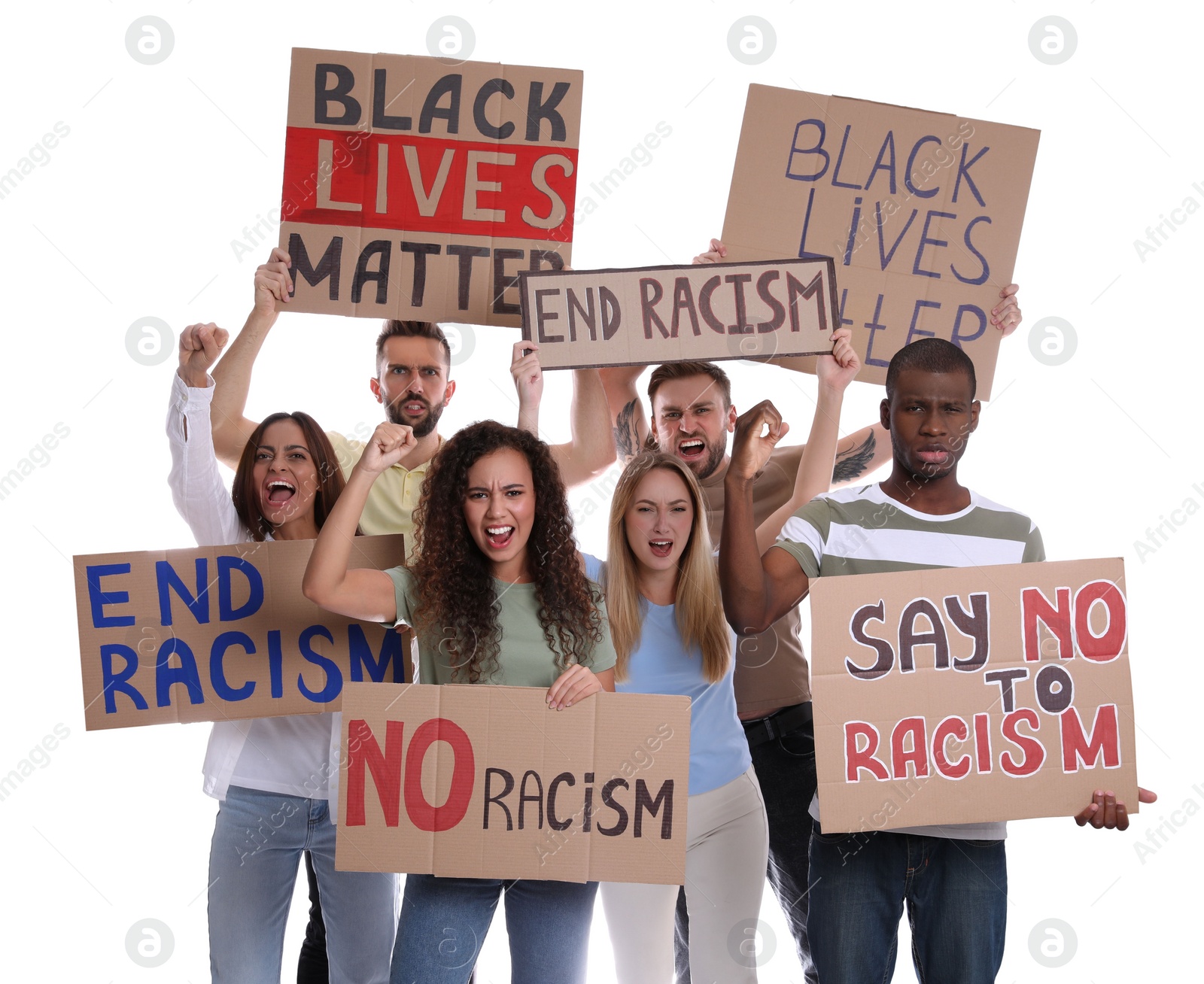 Photo of Protesters demonstrating different anti racism slogans on white background. People holding signs with phrases