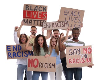 Photo of Protesters demonstrating different anti racism slogans on white background. People holding signs with phrases