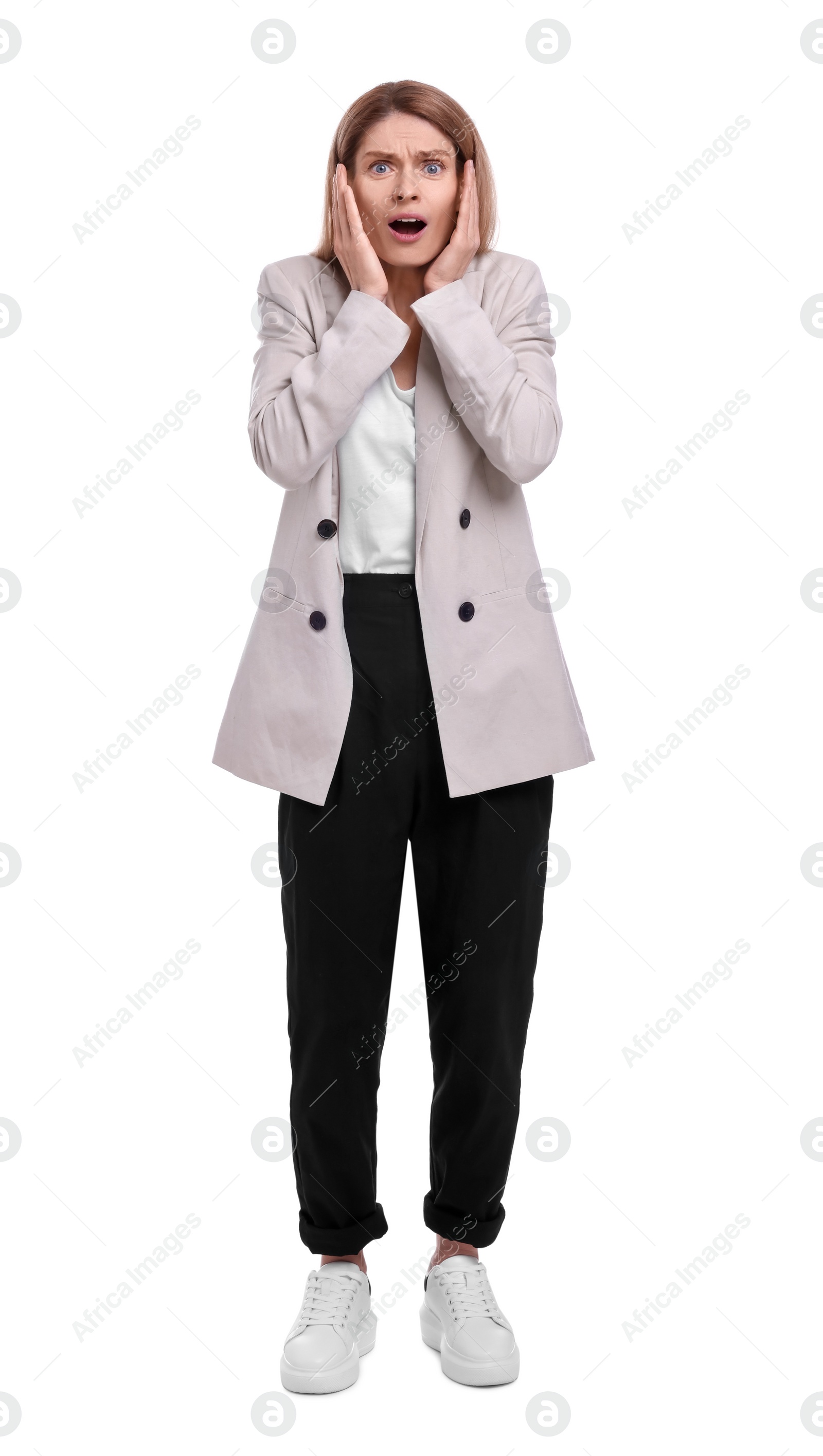 Photo of Beautiful emotional businesswoman posing on white background