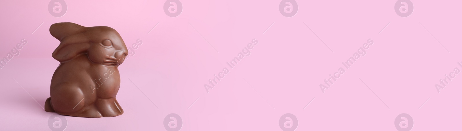 Photo of Chocolate bunny on pink background. Easter celebration