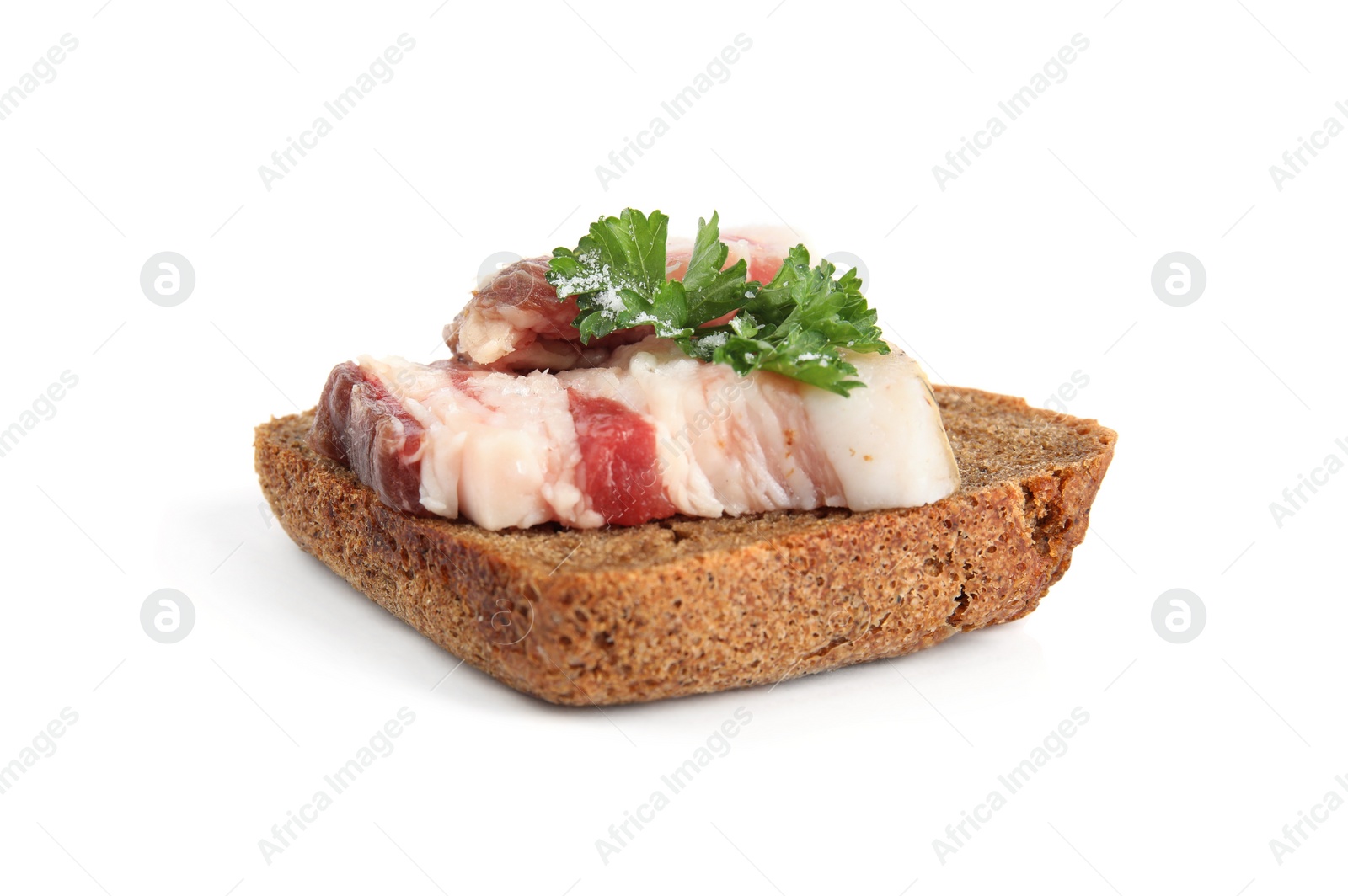 Photo of Pork fatback sandwich with parsley isolated on white