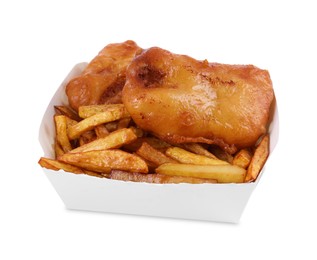 Photo of Tasty fish and chips in paper box isolated on white