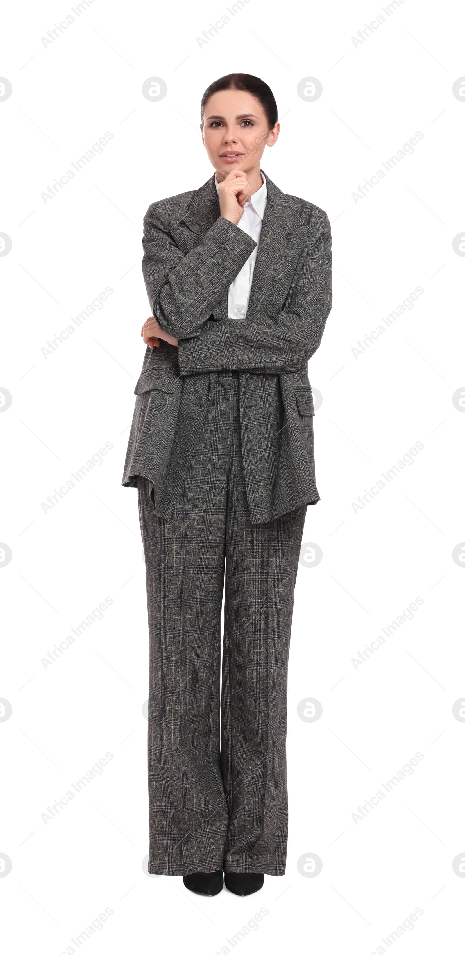 Photo of Beautiful young businesswoman in suit on white background