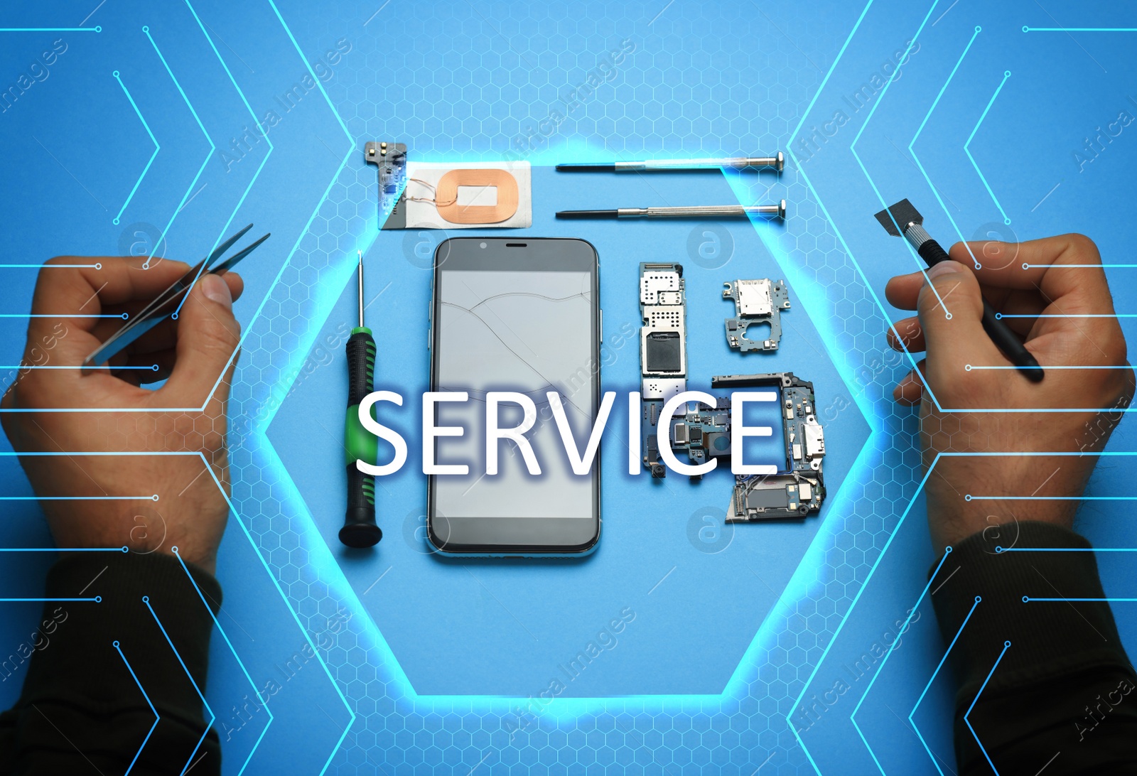 Image of Man repairing broken smartphone on light blue background, above view