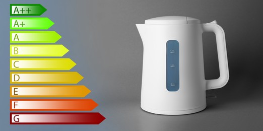Image of Energy efficiency rating label and electric kettle on grey background