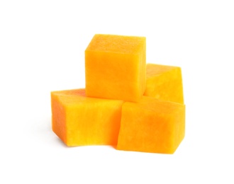 Photo of Pieces of ripe orange pumpkin on white background