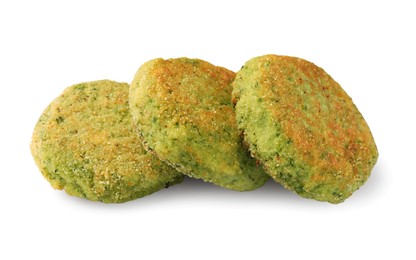 Photo of Green tasty vegan cutlets isolated on white