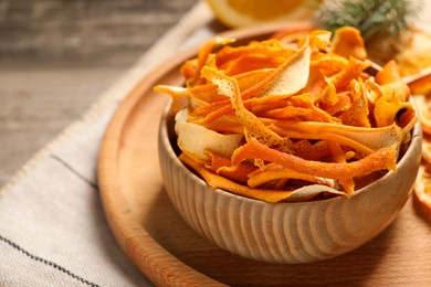 Dry orange peels on wooden table, closeup