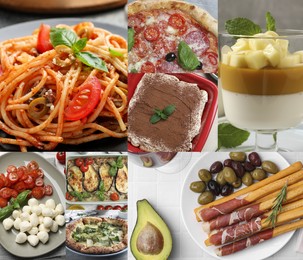 Image of Different tasty Italian dishes. Collage with pasta, lasagna, desserts, pizza and others