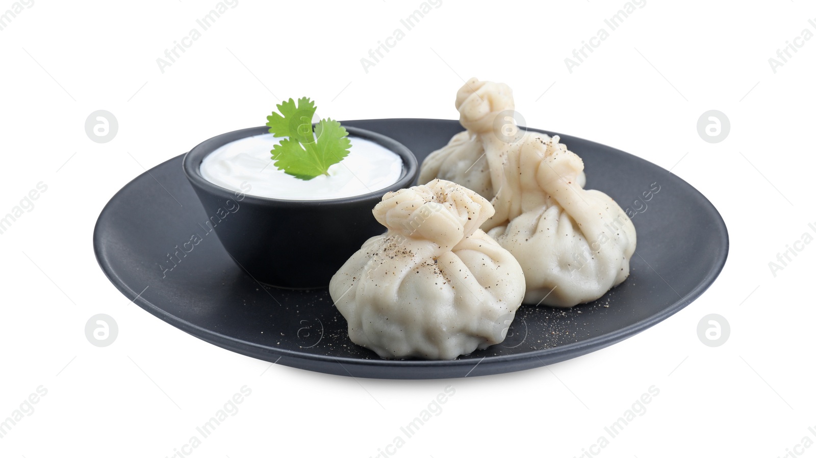 Photo of Tasty khinkali (dumplings) with sauce and spices isolated on white. Georgian cuisine