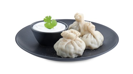 Tasty khinkali (dumplings) with sauce and spices isolated on white. Georgian cuisine
