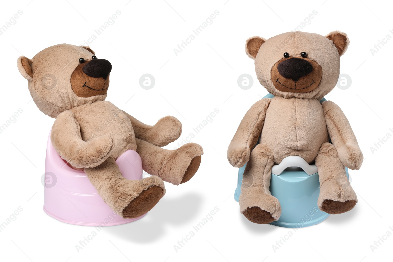 Image of Collage with baby potties with toy bear isolated on white