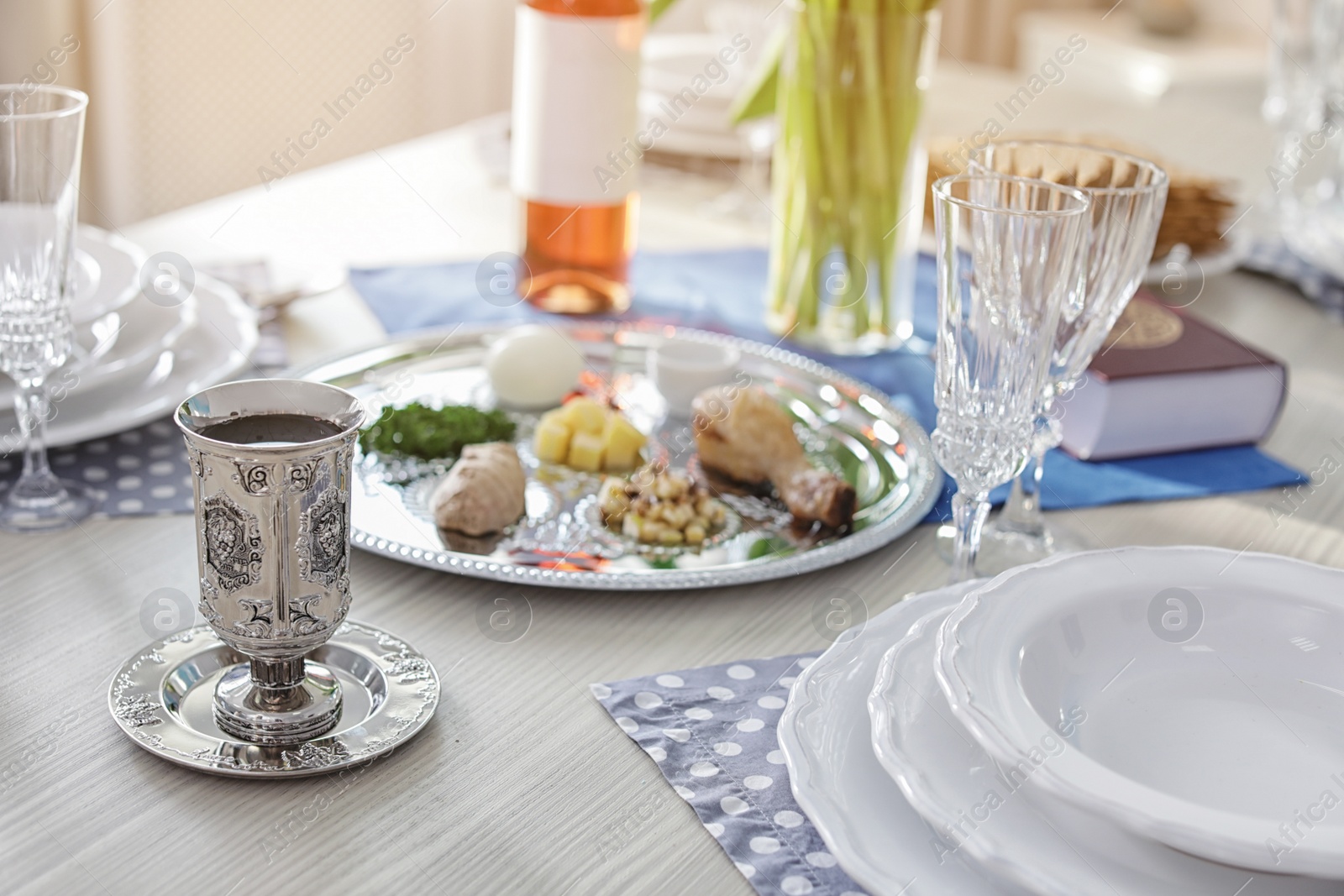 Photo of Table served for Passover (Pesach) Seder indoors