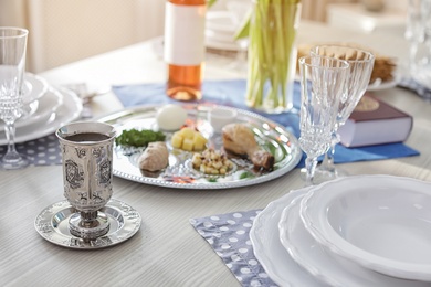 Table served for Passover (Pesach) Seder indoors