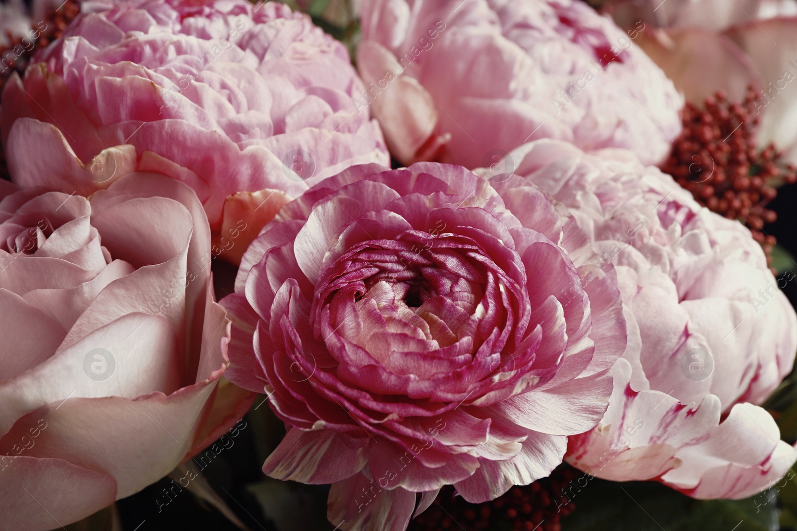 Photo of Beautiful bouquet of different flowers, closeup. Floral card design with dark vintage effect