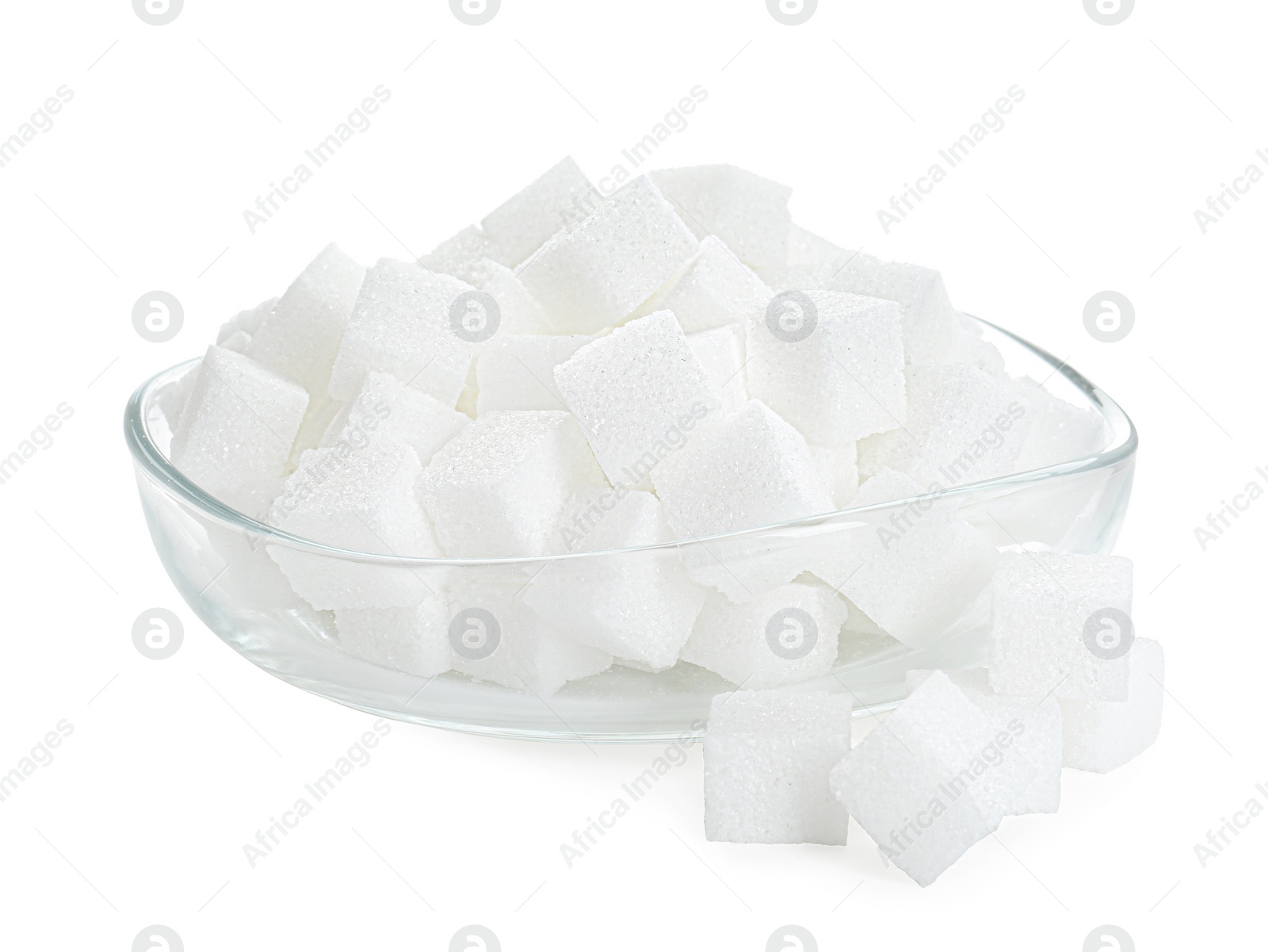 Photo of Sugar cubes in bowl isolated on white