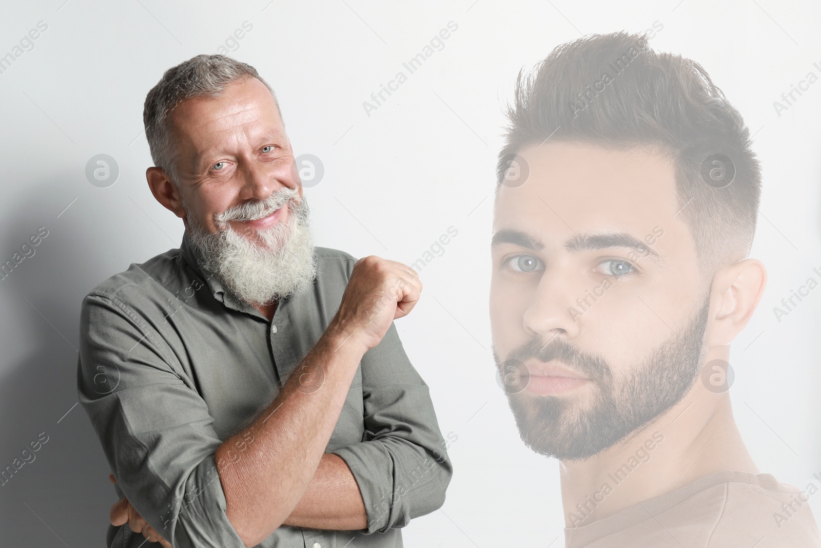 Image of Mature man remembering old times. Translucent picture of young guy showing him in his youth