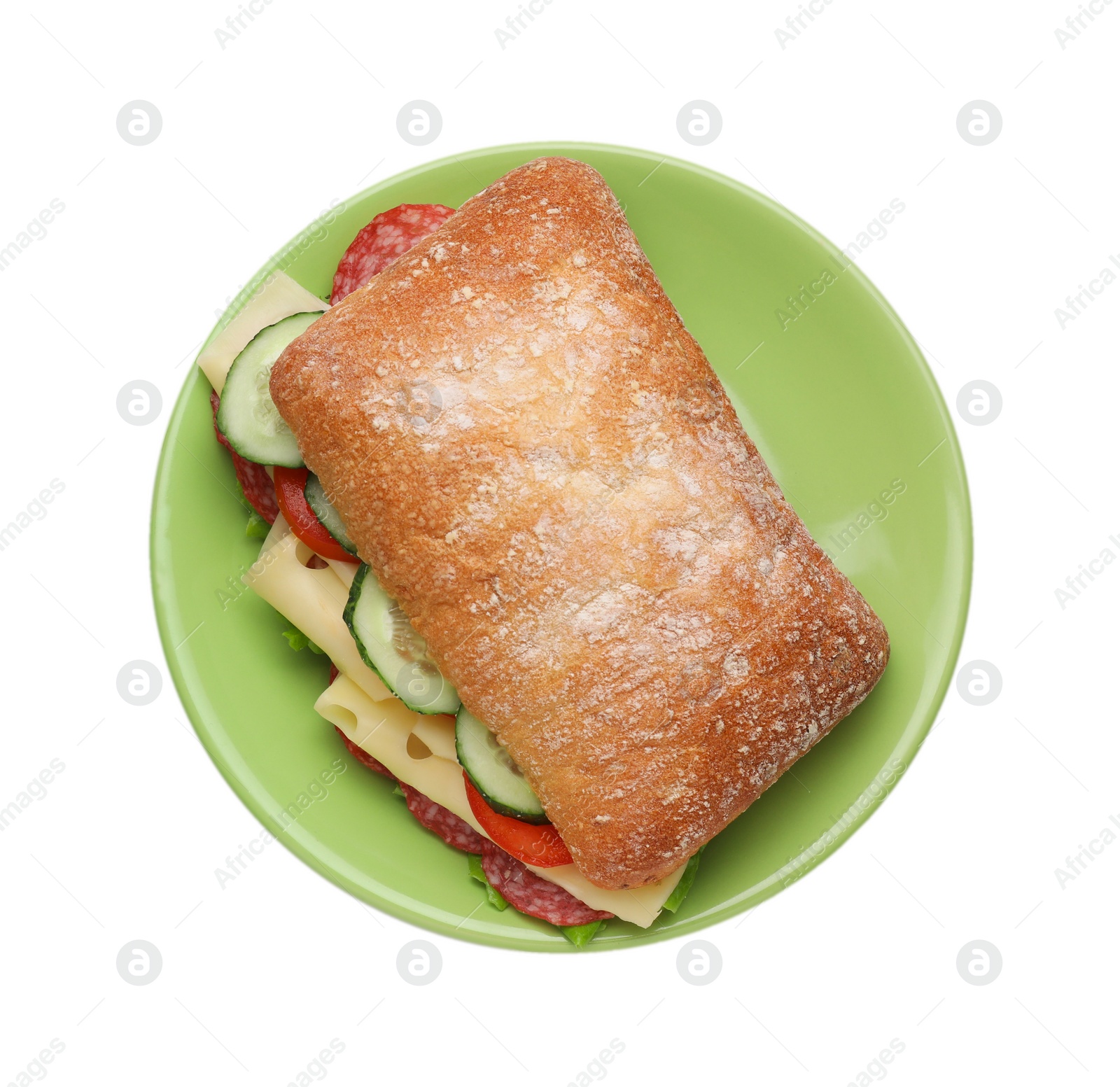 Photo of Delicious sandwich with fresh vegetables, cheese and salami isolated on white, top view